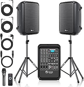Professional Portable All-in-One Integrated 2-Way PA System Fixed Setup, Suitcase Design w/ 8-Channel Mixer, 2 Speaker Stands, Bluetooth, Mic for Performances, Presentations