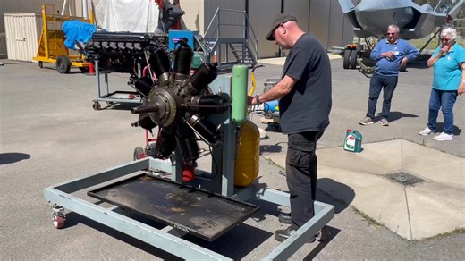 The Gnome engine coming to life. You may notice that is sounds like it is running rough, but that is the runner turning the ‘blip’ switch on and off so the engine does not run over 150rpm. This will give the engine a bit more longevity. The one issue that the runners were worried about is all the smoke causing our museum fire detectors to go off😁 | South Australian Aviation Museum