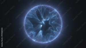 Abstract dynamic blue looped energy sphere of particles and waves of magical glow on black background, video 4k