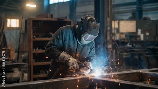 Skilled welder working in industrial workshop with sparks flying from metalwork