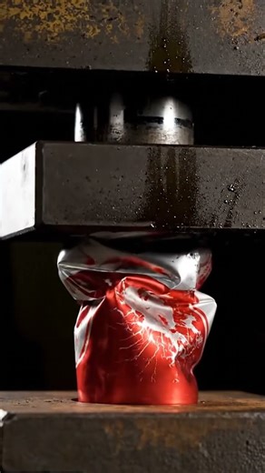 Hydraulic press crushes an aluminum beer can, metal buckling with sharp ASMR pops