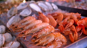 A variety of fresh seafood and shellfish close up, showcasing different types and textures, A bounty of fresh seafood and shellfish Stock Video