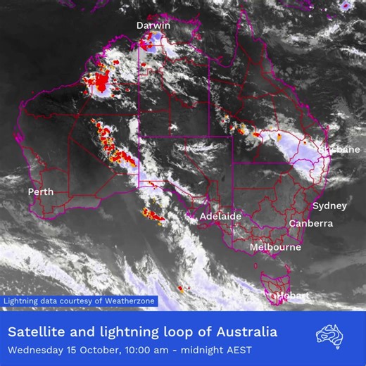 ⛈️ Wednesday brought storms to much of Australia, predominantly through parts of the north and west. In this satellite loop, the red and orange dots indicate lightning strikes, showing where storms were active in the past day. In Queensland, storms moved across the southern inland, bringing falls of 20 mm - 50 mm to the Maranoa and Warrego district. Isolated totals reached 70 mm - 80 mm. Across the Northern Territory, a line of storms tracked from the Gulf of Carpentaria across the Top End in th