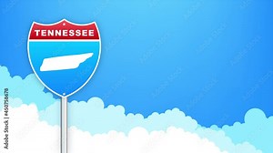 Tennessee map on road sign. Welcome to State of Tennessee. Motion graphics.