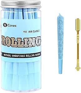 | 50 Pack | Rolling Papers Pre Rolled Cones | 98mm Length | Natural Rolling Papers with Golden Packing Spoon Kit (SZ, 50)
