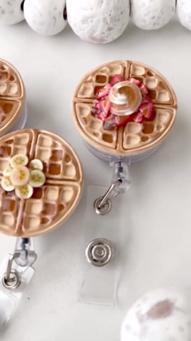 Waffle Badge Reel/topper Polymer Clay Food, Blueberries, Banana, Strawberries, ID Retractable Reel, RN, Teacher, Medical Badge - Etsy