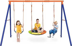 Swing Sets for Backyard, Outdoor Toys for Kids, Heavy Duty Metal A-Frame Swing Set Holds 440 lbs with 32" Saucer Seat, 26.2" Seat and Tree Disc