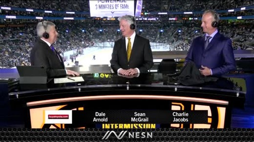NESN CEO Sean McGrail and Bruins CEO and Alternate Governor Charlie Jacobs show their appreciation for Dale Arnold, who is retiring from broadcasting after 24 years with NESN and the Bruins. | NESN