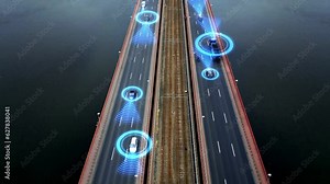 Camera follows a futuristic vehicles. Autonomous self-driving cars moving along a multi-lane bridge. Visualization of an integrated control system and remote robotic driving in a smart city. 4k