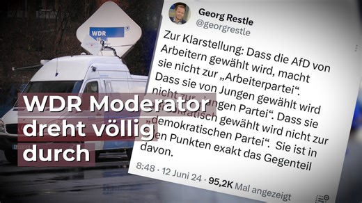 Nach AfD Wahlerfolg: WDR Moderator dreht völlig durch Knapp 16 Prozent erreichte die AfD bei der am Sonntag durchgeführten EU-Wahl. 15 Sitze stehen der Alternative für Deutschland nun im EU Parlament zu. Viele Mainstream Journalisten befinden sich aufgrund dieses Ergebnisses nach wie vor im Schock zustand. Einer davon ist der deutsche Journalist und Fernsehmoderator des WDR Georg Restle. | RTV Privatfernsehen