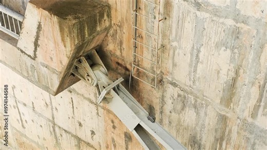 Dam gate and anchor joint connect heavy steel arm to reinforced concrete wall. Massive industrial hinge allows for structural movement and load distribution. This dam gate part relies on anchor joint.