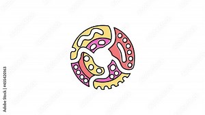 Letter O. 4K video. Isolated on white background. Abstract pattern on letter, 3 colors and black outline. Cartoon Animation. Capital Letter O for kids software, interface, comics, cartoons, game.