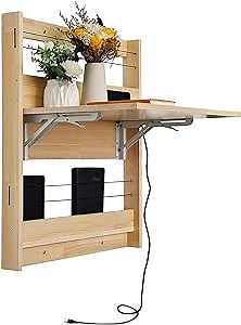 Wall-Mounted Folding Table, Fold Down Floating Desk with Power Outlets Storage Shelves for Small Space, Pine Wood Workbench for Office Study Cafeteria