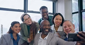 Selfie, funny and group of silly business people in office for team building or collaboration meeting. Happy, diversity and goofy professional corporate friends taking a picture together in workplace