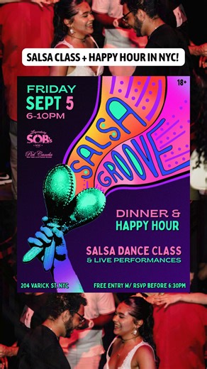 1K views | Salsa lovers!!  NYC’s favorite Salsa Night is back at SOB’s with salsa dance classes, happy hour, dinner & drinks, and live dance performances. 慎 RSVP for FREE entry from 6-6:30pm — lessons start by 7! Grab a partner, learn some moves, and hit the dancefloor ✨✨  Friday Sept 5th in Soho | SOB's | Facebook
