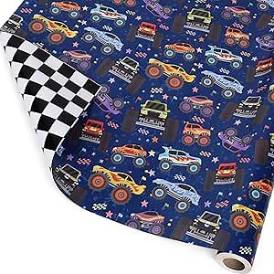 LaRibbons Monster Truck Reversible Wrapping Paper Mini Roll, Checkered Flag Design, Perfect for Kids and Boys Birthdays, 17" x 33'(46.7 sq. ft)