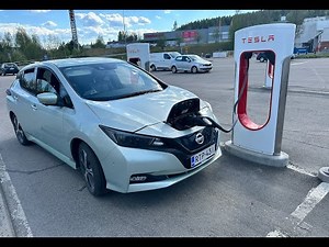 Charging a Nissan Leaf EV at a Tesla Supercharger in Finland using CCS to Chademo Adapter