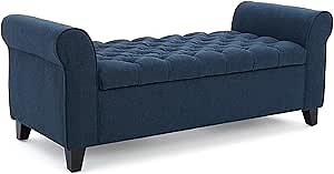 Benjara Shawn Storage Bench with Rolled Arms- 50" Button Tufted- Dark Blue