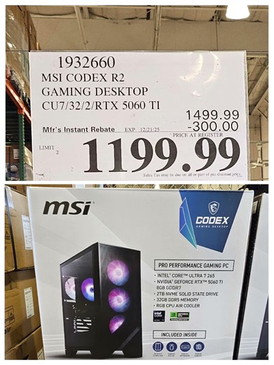 MSI Codex R2 Gaming Desktop CU7/32/2/RTX 5060 T1 is on sale at Costco for $1199.99. Sale ends soon