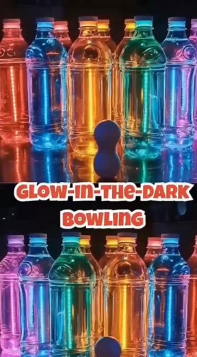 🎳 Glow-in-the-Dark Bowling – Nighttime Family Fun! 🌈✨ 🎨 What You’ll Need: Empty plastic water bottles Glow sticks OR small LED tea lights Water Food coloring (optional) Lightweight ball (plastic play ball works great!) 🪄 How to Make It: 1️⃣ Fill each empty bottle about ¾ full with water. 2️⃣ Activate glow sticks and drop one into each bottle OR place a tiny LED light inside. 🌟 3️⃣ Add a drop or two of food coloring to match your glow stick color for extra brightness! 4️⃣ Arrange the glowing