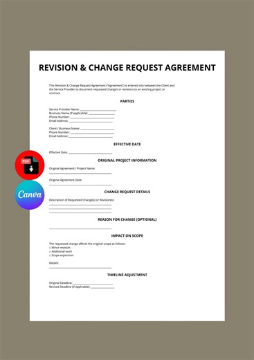 Revision Request Agreement | Project Change Order Contract US | Editable PDF - Etsy
