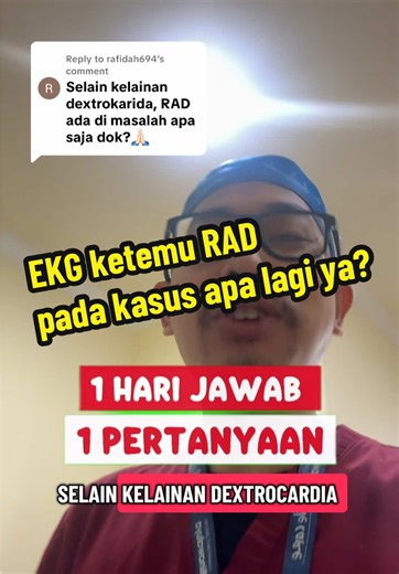 Replying to @rafidah694 : Right Axis Deviation (RAD) atau Deviasi Axis Listrik Jantung ke arah kanan bisa ditemukan pada banyak kasus. Biasanya sih pada kasus pembesaran bilik jantung sisi kanan, dan pada beberapa kasus aritmia. Kalau tidak yakin dengan jasil EKG Anda, konsul saja ke dokter jantung 👍. Karena pemeriksaan EKG kan pada dasarnya hanya alat bantu diagnosis, jadi kalaupun tampak seperti ada kelainan, belum tentu signifikan dan mengkhawatirkan.. Sudahilah cemas Anda, serahkan ke ahlin