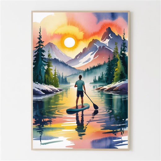 Watercolor Paddle Boarding Art Print - Outdoor Adventure Wall Decor - Etsy