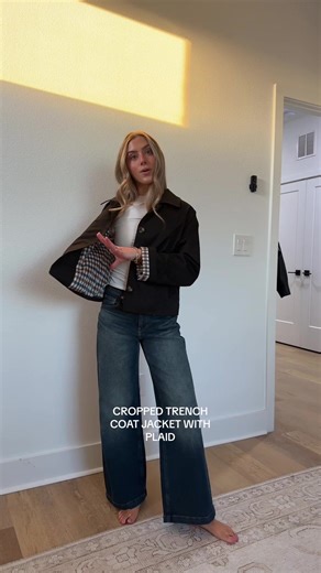 Cropped Trench Coat Jacket with Fun Plaid Design