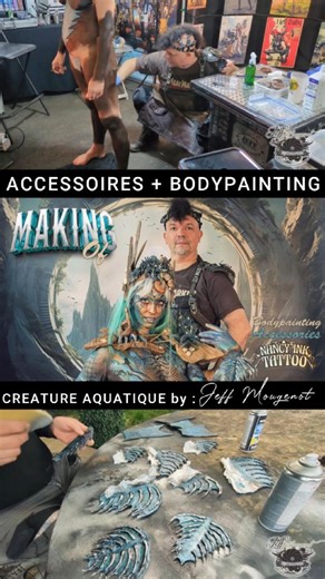 Jeff Mougenot (photographeur & show) on Instagram: "Vidéo présentant une partie de mon travail pour la réalisation des accessoires (Coiffe, épaulettes, nageoires latex/armature métal/cuir...) puis du bodypainting live associé, lors du salon "Nancy Tattoo Ink 2025". Des heures / semaines ... contre la triste réalité (IA, filtres, surconsommation d'images...). Photo /Infographie / Accessoires / FX / montage vidéo / bodypainting : Jeff Mougenot Modèle et performeuse aérienne : Cara Chapman Un énorm