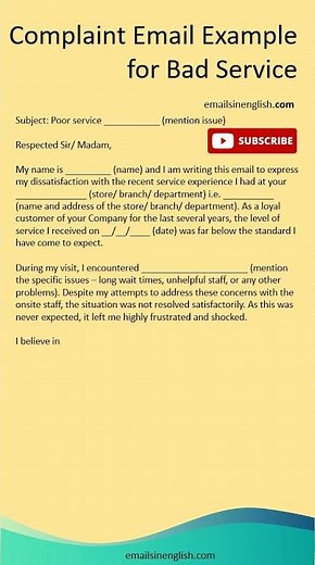 Complaint Email Example for Bad Service - @emails in english