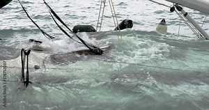 Sunken sailing ship during the Mediterranean cyclone Ianos in Nidri on the 18th of September 2020 - Lefkas island Greece