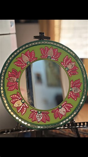 🌸Reflections of serenity in a boho‑magic mirror—lime‑green canvas, pink lotus blooms