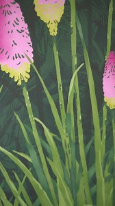 This striking large-scale mural features richly coloured kniphofia flowers in the foreground, commonly known as torch lilies or red hot pokers, set against a verdant green forest. Wallpaper: Upper Brook St - Night Garden | The Little Greene Paint Company