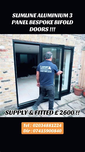 REMOVED OLD WOODEN DOORS AND INSTALL OUR NEW SLIMLINE 3 PANEL ALUMINIUM BIFOLD DOORS BESPOKE SIZE IN MATT BLACK RAL 9005 FOR A RENOVATION PROJECT IN WATFORD. HERTFORDSHIRE COLOUR : MATT BLACK RAL 9005 SIZE : 2350MM X 2250MM SYSTEM : ALUK BSF 70 HI SYSTEM BIFOLD DOORS FITTING COST : £2600 REMOVAL / DISPOSAL OL DOORS AND FENSA COST : £ 480 TOTAL GRAND COST : £ 3080 * THERMAL EFFICIENT BIFOLD DOORS SYSTEM * SLIMLINE ALUMINIUM PROFILE * PAS 24 SBD LOCKING SYSTEM * ENERGY EFFICIENT TOUGHEN GLASS ALL 