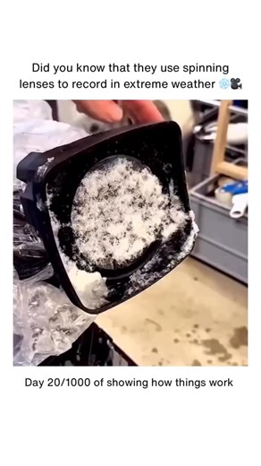 How Things Work on Instagram: "Some outdoor cameras and sensors use spinning lenses or spinning glass covers to keep working in extreme weather, and the principle is simple: fast rotation throws water, snow, dust, and mud outward using centrifugal force. The spinning element—usually a thin, optically clear disk—sits in front of the actual lens and is driven by a small motor. When it spins at high speed, anything landing on it gets flung off instantly, preventing droplets or debris from sticking 