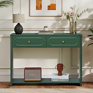 Wirrytor Green Console Table with 2 Drawers for Entryway, Modern Sofa Table for Living Room, Narrow Sofa Table with Open Storage Shelf, Hallway Table and Couch Table Behind Sofa