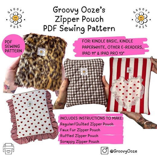 Kindle, Ereader, iPad Case Sewing Pattern - Quilted / Faux Fur / Ruffles Zipper Pouch - Etsy