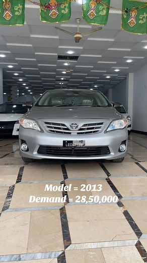 Toyota XLi Model = 2013 Silver Colour Lahore Registered Minor 2 pec touch only Millage = 85000 km Demand = 28,50,000 Syed ALi Naqi 0300-6999982 0312-5841212 Haider Motor Burewala | HAIDER MOTOR BUREWALA
