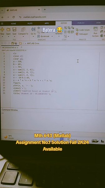 Matlab Mth643 Assignment No.1 Solution Fall2K24✍😊 #fly #vu #assignment #quiz #trending #CapCut #math #bigproblem #solution