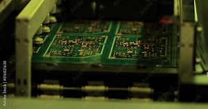 Close-up. Automated testing of electronic printed circuit board on special equipment, in a modern laboratory. Manufacturing of microcircuits and microprocessors. Production of electronic equipment.