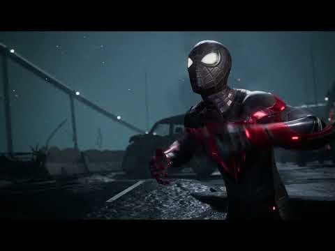 Spider-Man miles morales Best Bridge scene wearing black suit.