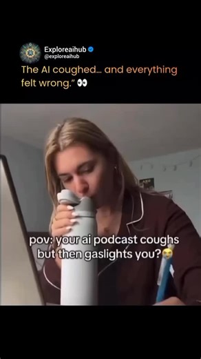 ASI on Instagram: "A calm moment turns unsettling in seconds 😶‍🌫️ In this clip, a woman is casually listening to an AI-generated podcast explaining chemical reactions — atoms colliding, bonds breaking, energy aligning. The kind of background audio your brain barely registers anymore. Then it happens. The AI coughs. Not a sound effect. Not ambient noise. A perfectly timed, human-like cough that cuts itself off mid-sentence. Just enough to make her pause… look up… and question what she just hear