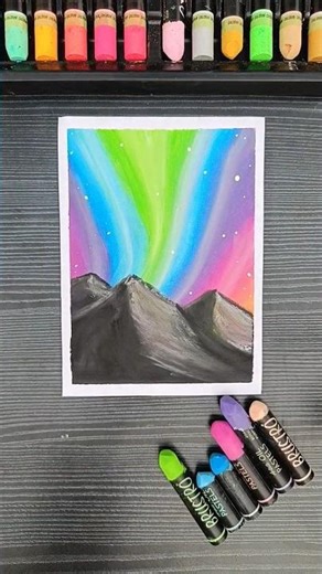 How to Draw Aurora Borealis with Oil Pastels🌌|Easy Mountain Night Scenery