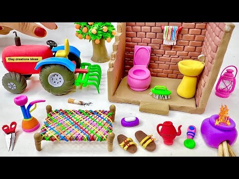 DIY How to make polymer clay miniature Village House, Washroom Set, Kitchen Set, Tree, Charpai