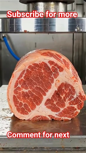 Juicy steak flattened by a heavy hydraulic press in slow motion.