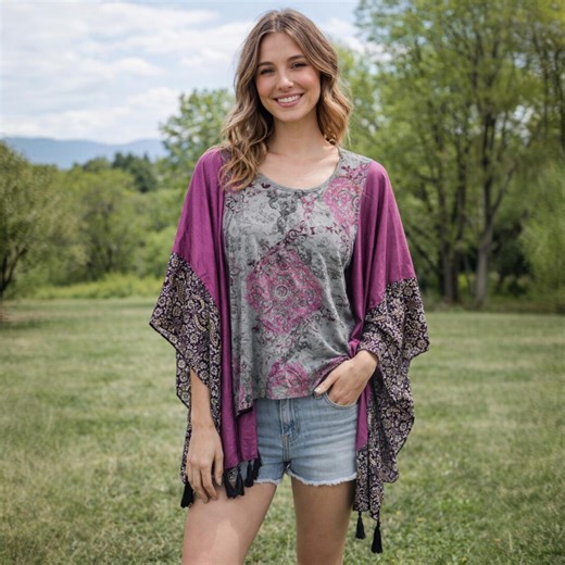 Upcycled T Shirt Poncho Raspberry Gray Floral With Beaded Tassel Sleeves - Etsy