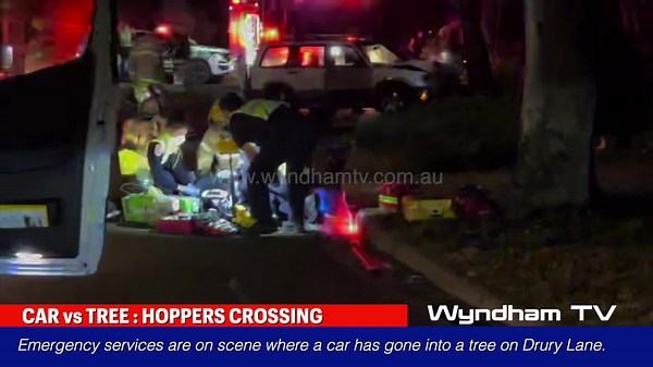 CAR vs. TREE | HOPPERS CROSSING A Man has been injured in a single vehicle accident where the vehicle has left the road and hit a tree on Drury Lane in Hoppers Crossing around 8pm. | Wyndham TV
