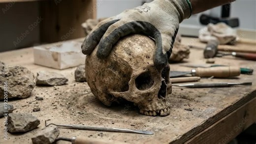 Close up of an archaeologist hand holding and examining an ancient human skull on a dusty workbench full of tools and dirt