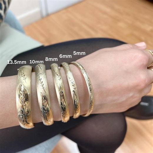 14K Gold Floral Bangle Bracelet: Stackable Real Gold Bangles - Etsy