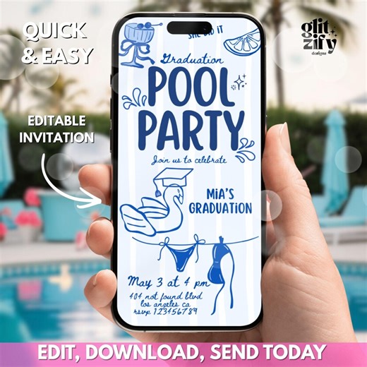 Graduation Pool Party Invitation,grad Pool Party Evite,animated Pool Party Invite,digital Hand Drawn Grad Summer Party Mobile Invitation - Etsy